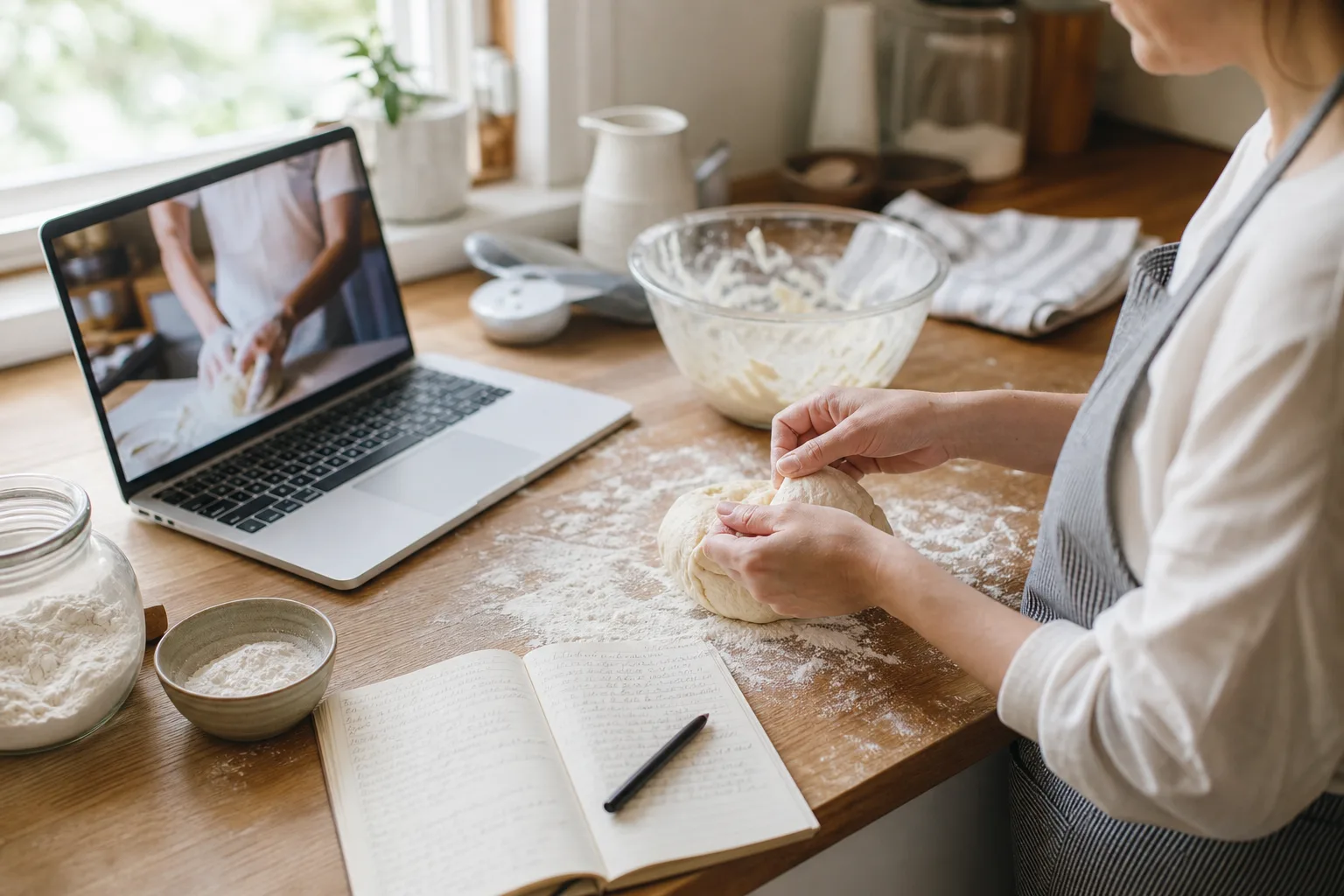 Orang mengikuti tutorial memasak sambil membentuk adonan roti