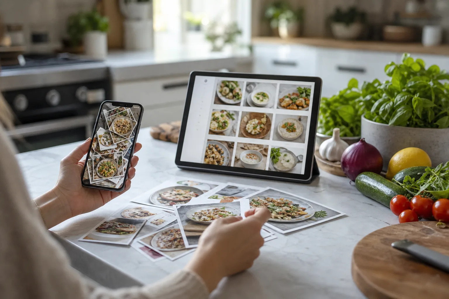 Orang membandingkan postingan makanan tersimpan dengan pustaka resep yang rapi