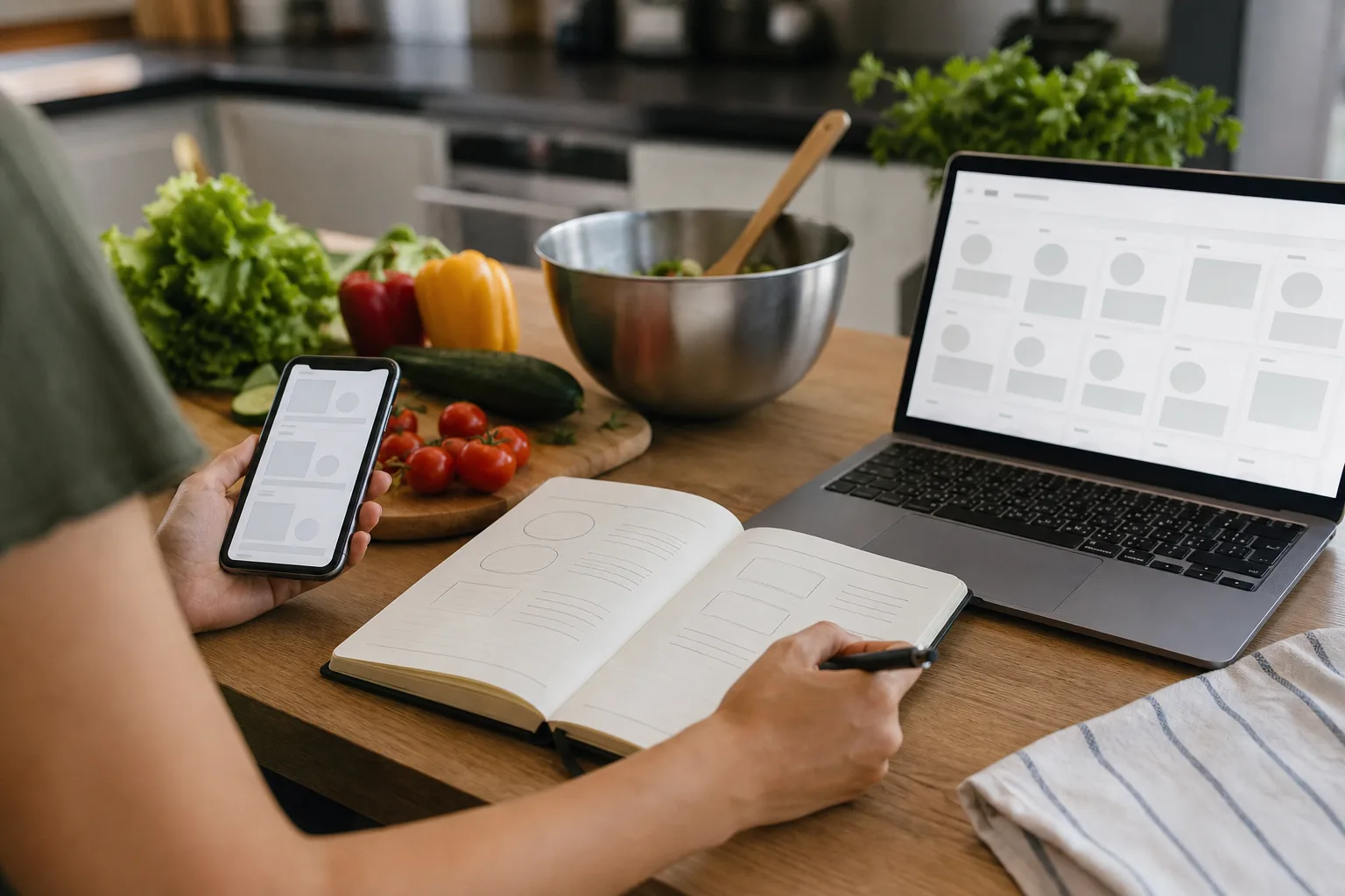 Aplikasi resep, buku catatan, dan ruang kerja digital dibandingkan di dapur