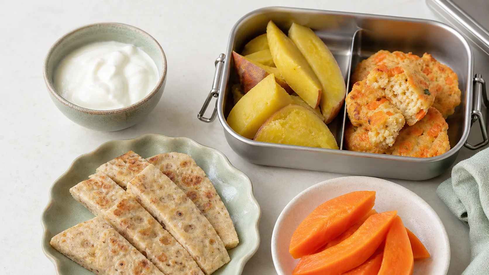 Kotak bekal berisi ubi kukus dan patty tahu wortel dengan buah serta yoghurt di sampingnya