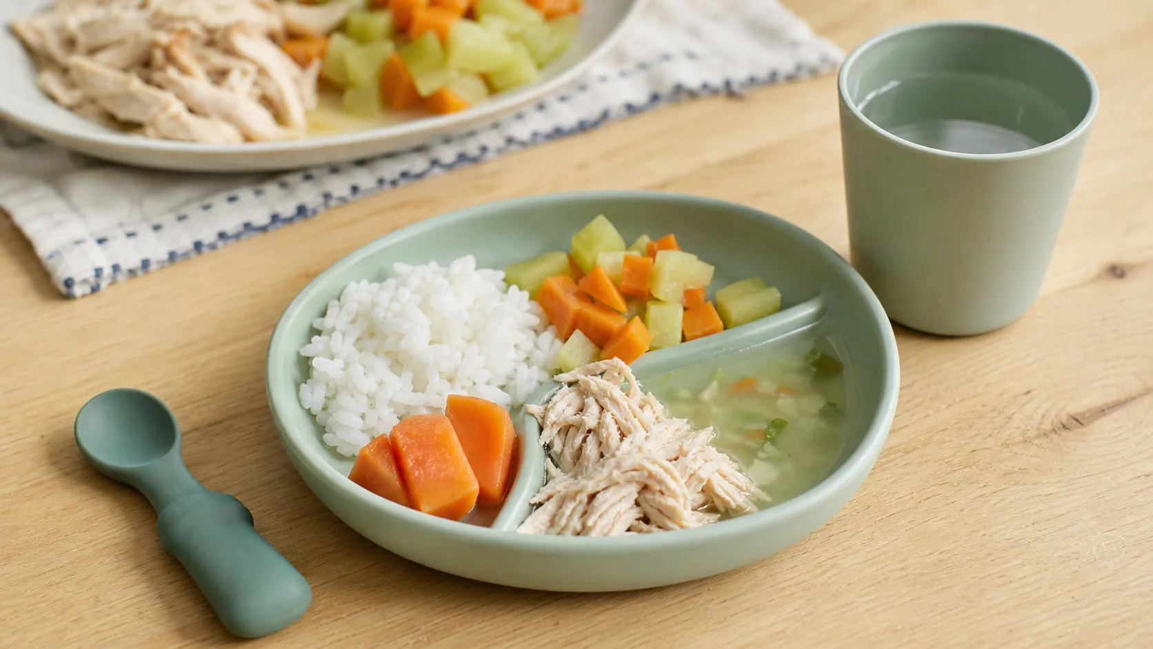 Kids plate with rice, shredded chicken, soft vegetables, gravy, fruit and water for breakfast inspiration
