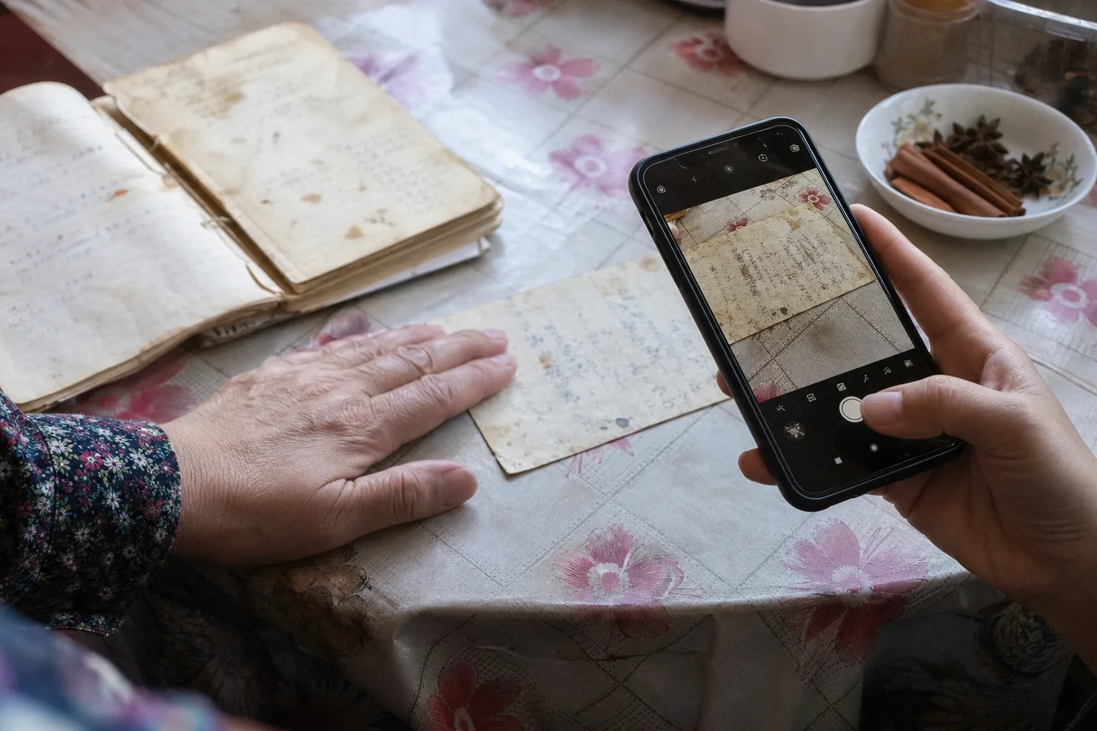 Keluarga memotret resep tulisan tangan lama dengan ponsel