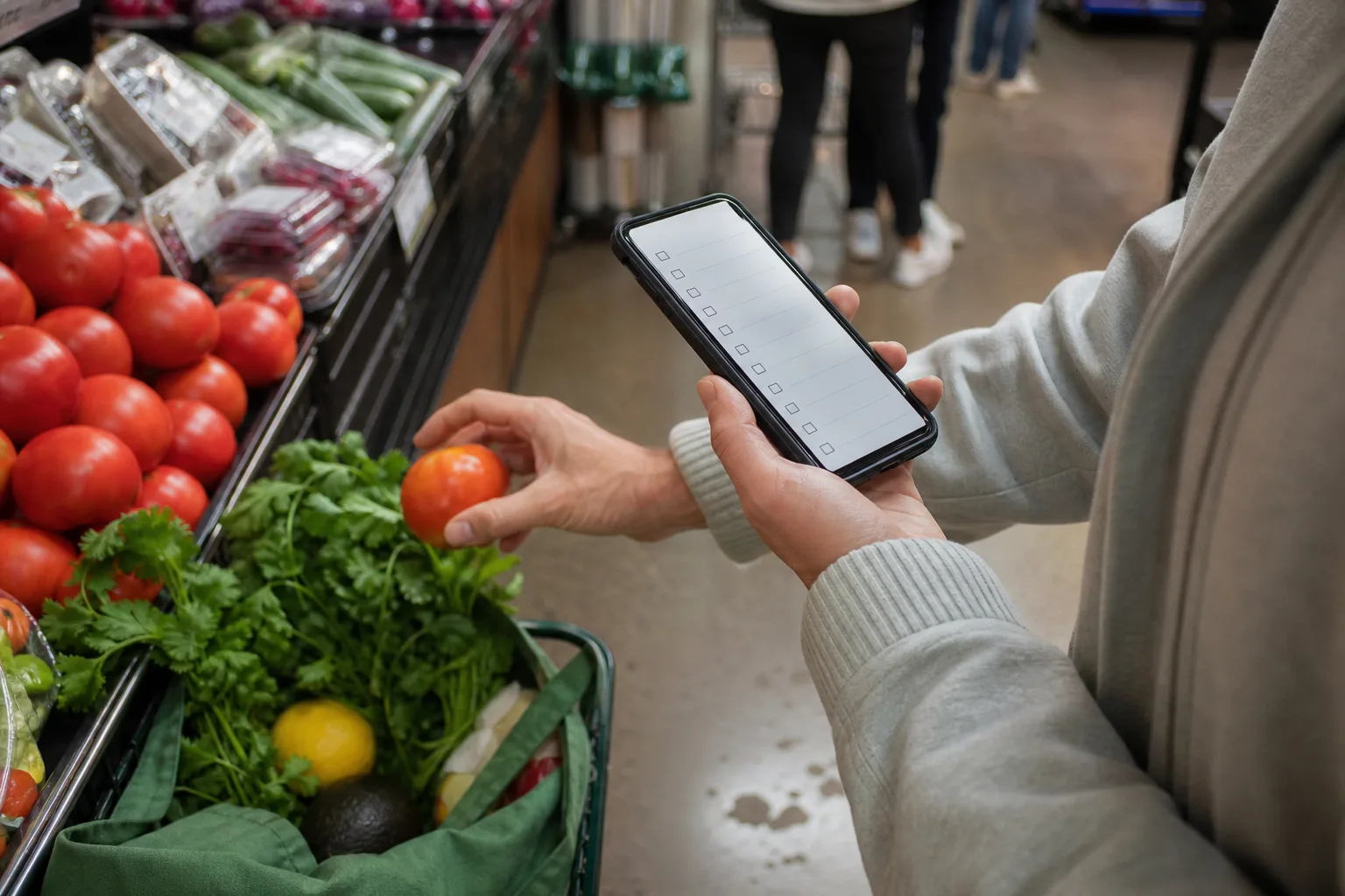 Shopper checking a grocery list on a phone while choosing vegetables