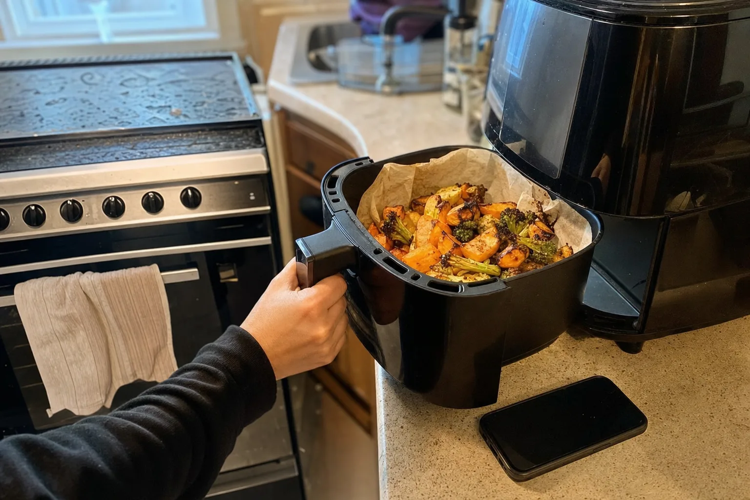 Home cook checking roasted vegetables in an air fryer beside an oven