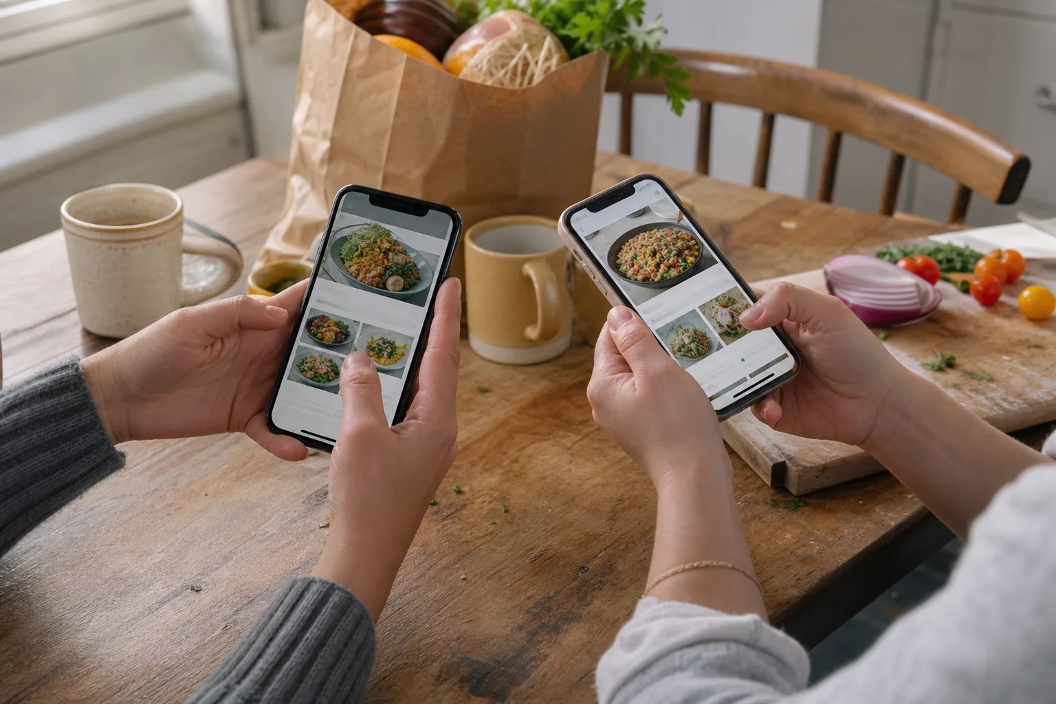 Two home cooks comparing different recipe tools on their phones