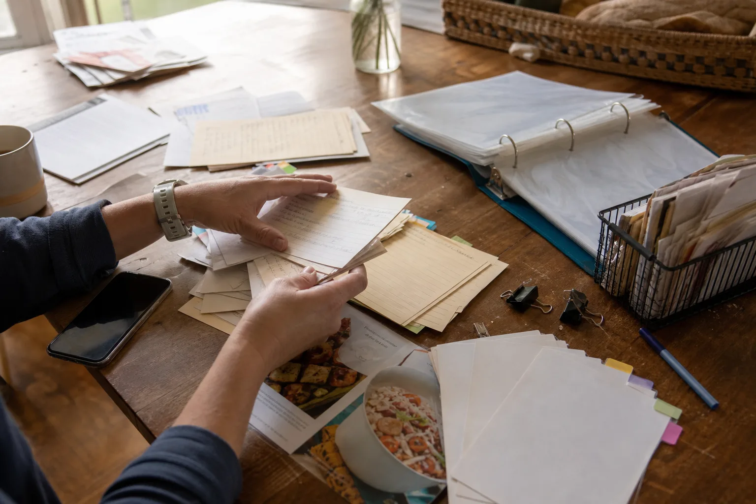 Home cook sorting a well-used collection of recipe cards and printouts