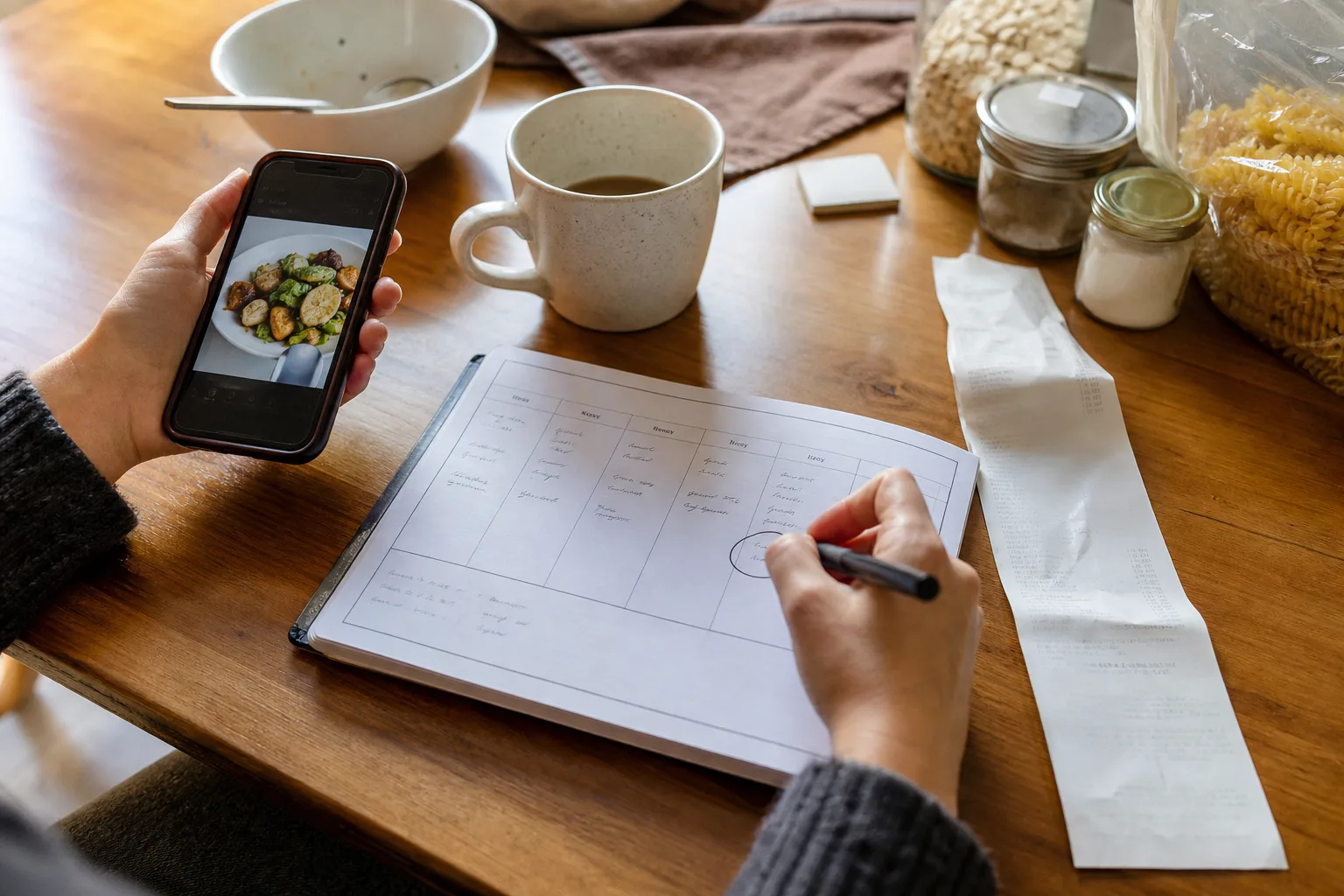 Weekly meal planning with saved recipes, pantry items, and a shopping receipt